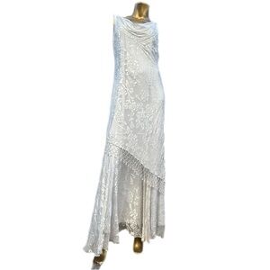 Vintage Alex Evenings Silk Burnout Floral Beaded Bias Dress Asymmetrical Hem